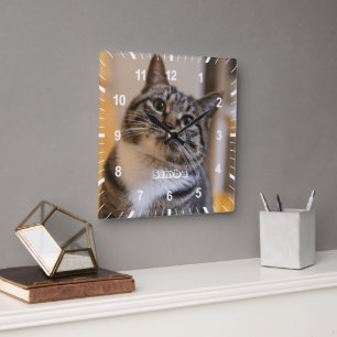Personalised Pet Cat Dog Photo Name Square Wall Clock