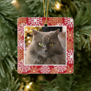 Personalised Pet Cat Dog Red Snowflakes Christmas Ceramic Ornament