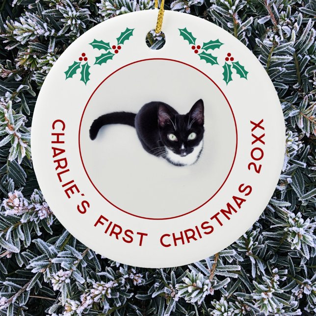 Personalised Pet Cat First Christmas Photo Ceramic Tree Decoration (Personalized cat photo first Christmas ornament)