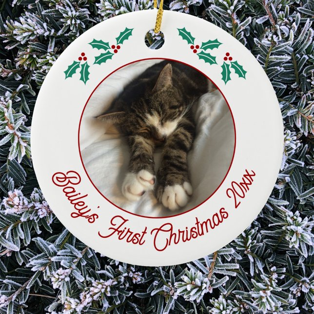 Personalised Pet Cat First Christmas Photo Ceramic Tree Decoration (Personalized pet cat photo ornament with custom modern script text)