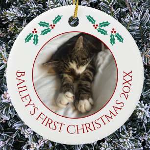 Personalised Pet Cat First Christmas Photo Ceramic Tree Decoration