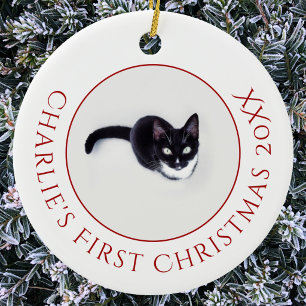 Personalised Pet Cat First Christmas Photo Ceramic Tree Decoration