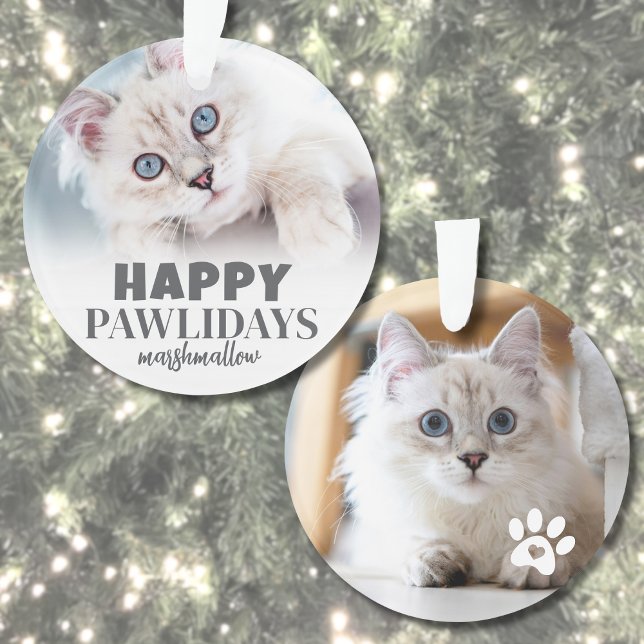 Personalised Pet Cat Photo Ornament (Cute Kitty Cat Photo Happy Pawlidays Ornament)