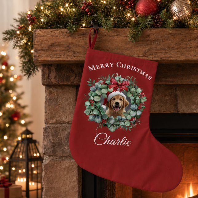Personalised Pet Christmas with Wreath & Name Large Christmas Stocking (Creator Uploaded)
