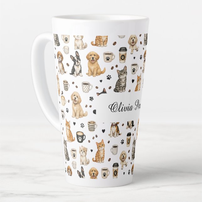 Personalised Pet & Coffee Pattern Custom Name Latte Mug (Left Angle)