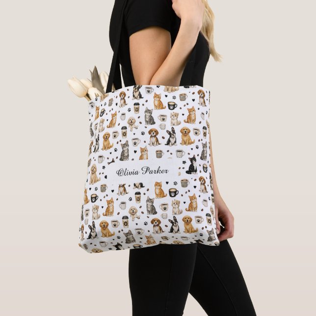 Personalised Pet & Coffee Pattern Custom Name Tote Bag (Close Up)