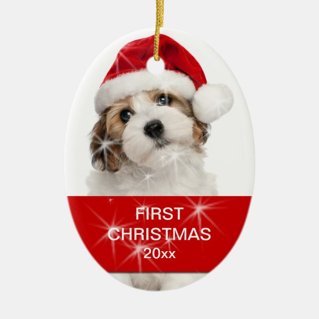 Personalised Pet First Christmas Photo Ceramic Tree Decoration (Front)