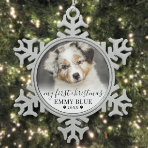 Personalised Pet First Christmas Puppy Dog Photo Snowflake Pewter Christmas Ornament