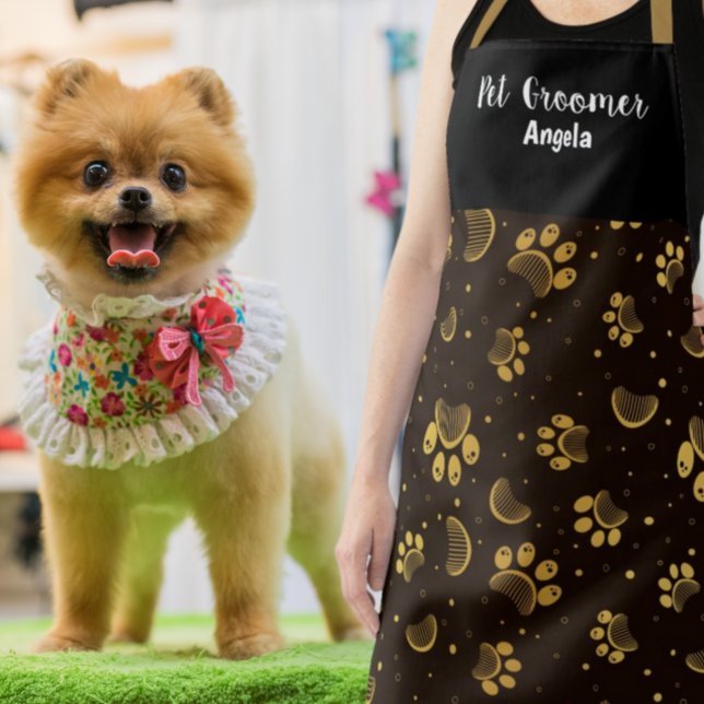 Personalised Pet Groomer Black Gold Paw   Apron (Creator Uploaded)