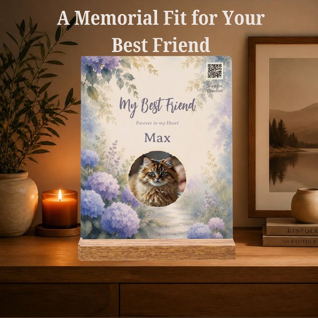 Personalised Pet Memorial with Photo and QR Code Acrylic Sign (Personalized pet memorial with photo and QR code linking to a comforting Spotify grief playlist.)