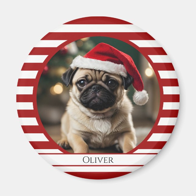Personalised Pet Photo Candy Cane Red Stripes Magnet (Front)