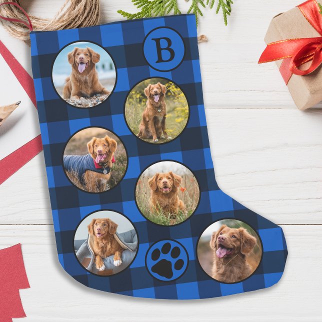 Personalised Pet Photo Collage Blue Black Plaid Small Christmas Stocking (Creator Uploaded)