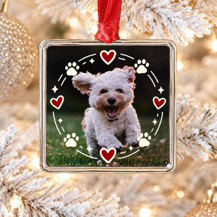 Personalised Pet Photo Cute Dog Paw Prints Hearts Metal Tree Decoration