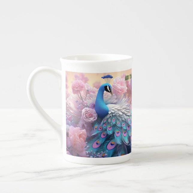 Personalised Pet Photo: Elegant & Colourful Peacoc Bone China Mug (Left)