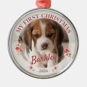 Personalised Pet Photo First Christmas 2026 Metal Tree Decoration