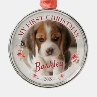 Personalised Pet Photo First Christmas 2026 Metal Tree Decoration