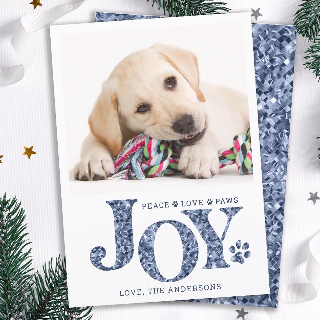 Personalised Pet Photo JOY Blue Paw Print Dog Holiday Card (Creator Uploaded)