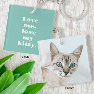 Personalised Pet Photo Kitty Cat Lover Mint Green Key Ring