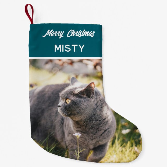 Personalised Pet Photo Monogram Name Teal Small Christmas Stocking (Front)