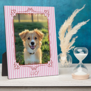 Personalised Pet Photo Name Pink Stripe Portrait Plaque