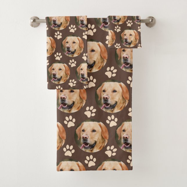 Personalised Pet Photo Pattern Dog Brown Bath Towel Set (Insitu)