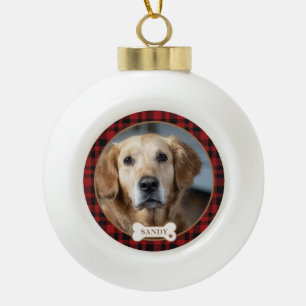 Personalised Pet Photo Red Plaid Christmas Ceramic Ball Christmas Ornament