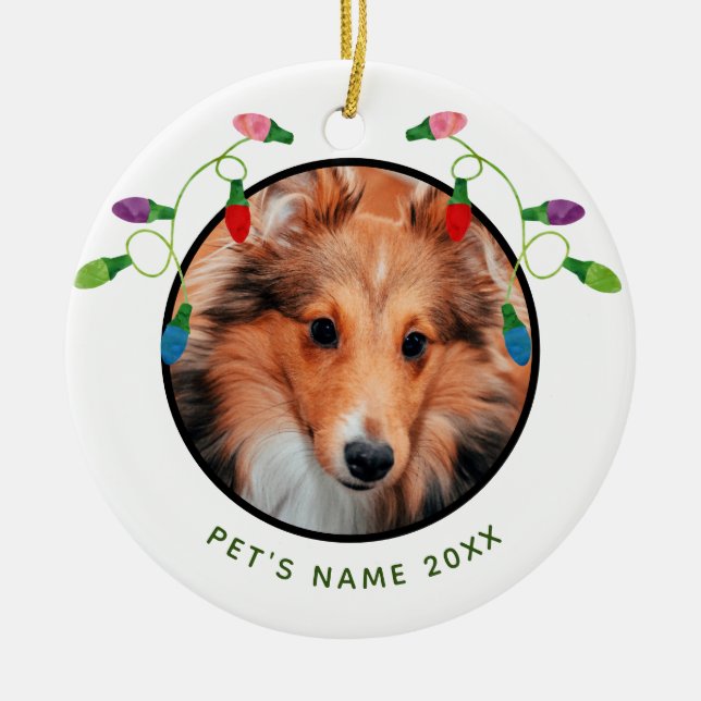 Personalised Pet Photo  with Christmas Lights Ceramic Tree Decoration (Front)
