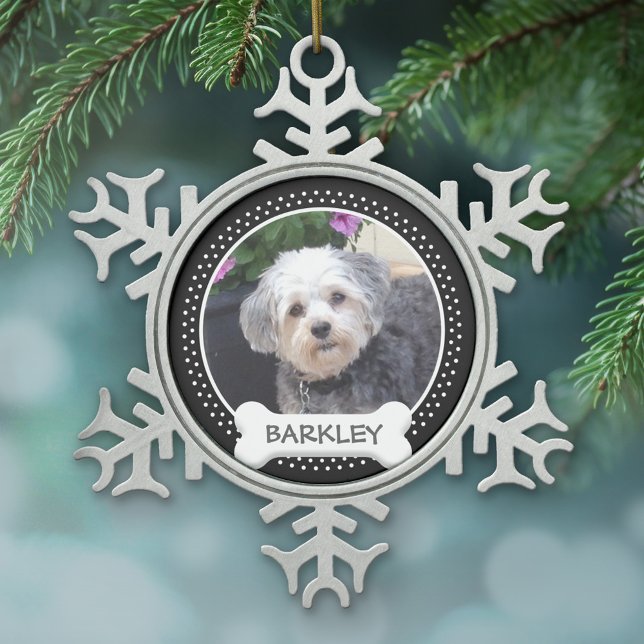 Personalised Pet Photo with Dog Bone Snowflake Pewter Christmas Ornament (A photo ornament with a simple frame for a pet dog photo)