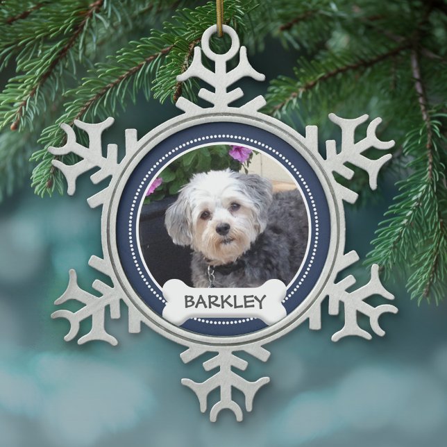 Personalised Pet Photo with Dog Bone Snowflake Pewter Christmas Ornament (Personalized pewter Christmas Ornament - Pet Photo)