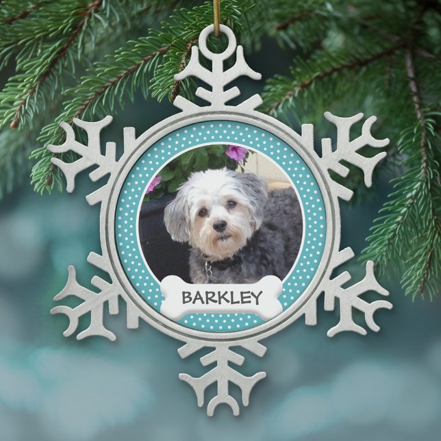 Personalised Pet Photo with Dog Bone Snowflake Pewter Christmas Ornament (Personalized pewter Christmas Ornament - Pet Photo)