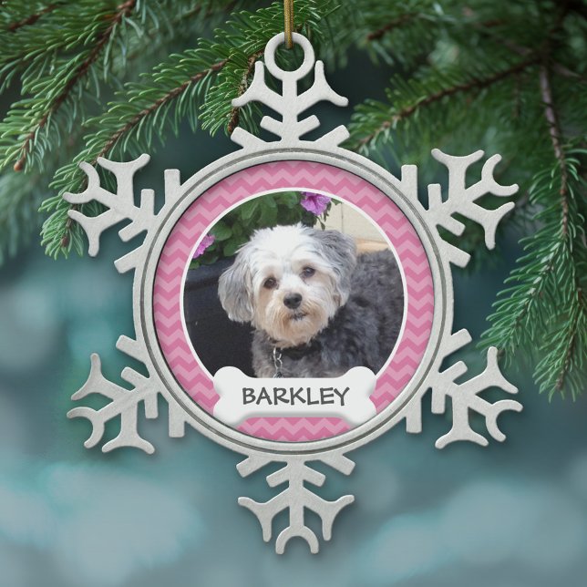 Personalised Pet Photo with Dog Bone Snowflake Pewter Christmas Ornament (Personalized pewter Christmas Ornament - Pet Photo)