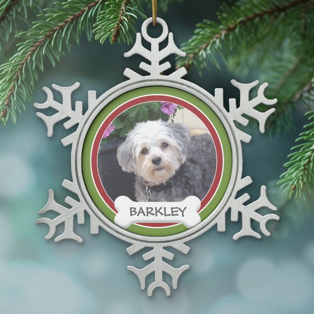 Personalised Pet Photo with Dog Bone Snowflake Pewter Christmas Ornament (A photo ornament with a simple frame for a pet photo)