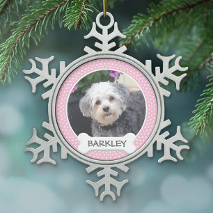 Personalised Pet Photo with Dog Bone Snowflake Pewter Christmas Ornament