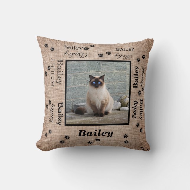 Personalised Pet Photo With Names And Pawprints Cushion (Front)
