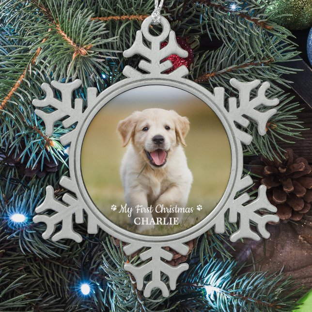Personalised Pet Puppy Photo Dog First Christmas Snowflake Pewter Christmas Ornament (Creator Uploaded)