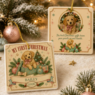 Personalised Pet’s First Christmas 2026 Retro Ceramic Ornament