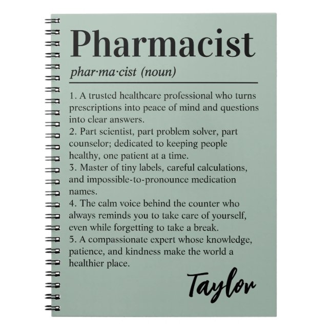 Personalised Pharmacist Definition Sage Green Gift Notebook (Front)