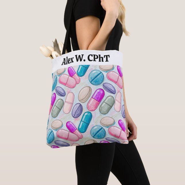 Personalised Pharmacy Tote Bag Pink Grey Pills (Close Up)