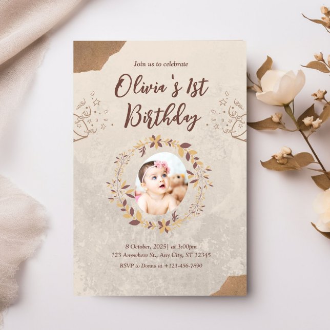 Personalised Photo 1st Birthday Brown   Invitation (Creator Uploaded)
