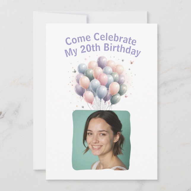 Personalised Photo 20th Birthday Balloons Invitati Invitation (Front)
