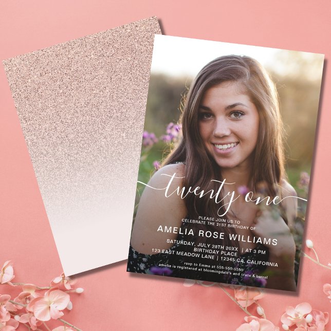 Personalised Photo 21st Birthday Party Rose Gold Invitation (Twenty One Birthday Invitation)