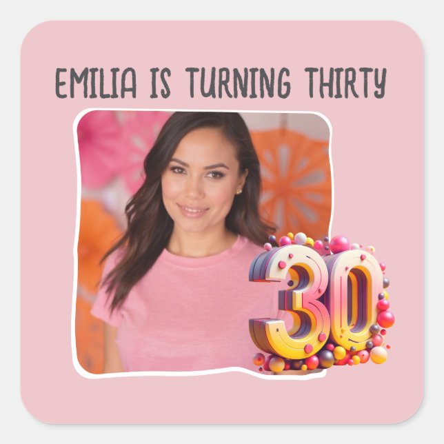 Personalised Photo 30th Birthday Party Square Sticker (Front)