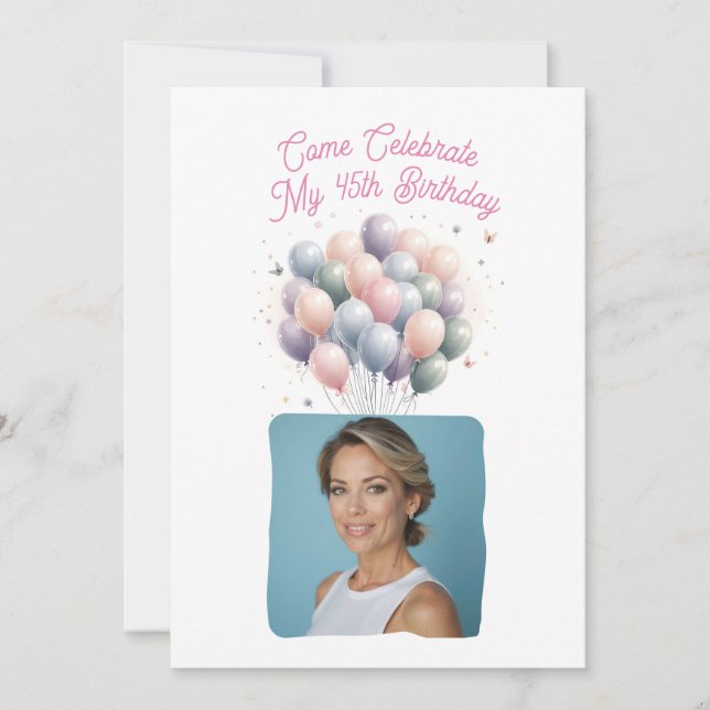 Personalised Photo 45th Birthday Balloons Invitation (Front)