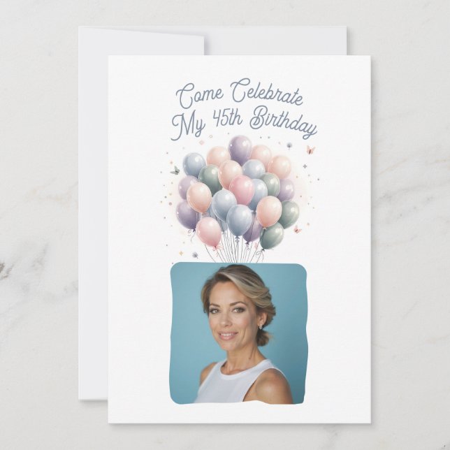 Personalised Photo 45th Birthday Balloons Invitation (Front)