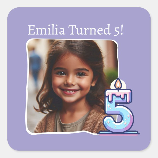 Personalised Photo 5th Birthday Party Square Sticker (Front)