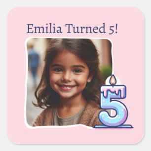 Personalised Photo 5th Birthday Party Square Sticker