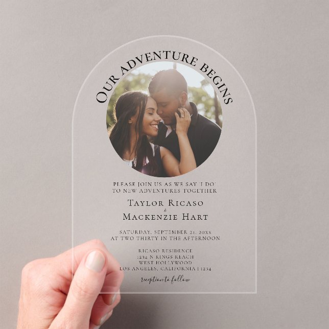 Personalised photo adventure begins wedding acrylic invitations (Insitu (Handheld))