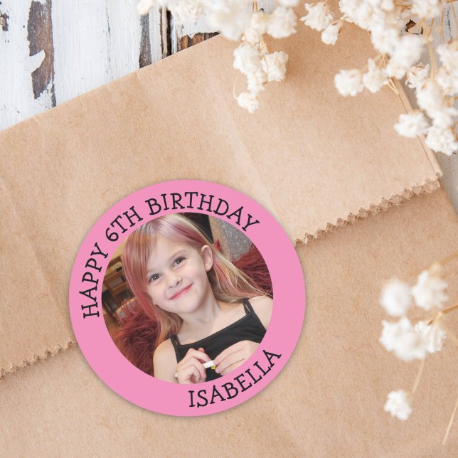 Personalised Photo, Age and Name Birthday   Classic Round Sticker (Creator Uploaded)