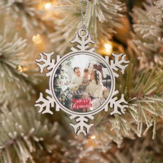 Personalised photo and name christmas snowflake pewter christmas ornament