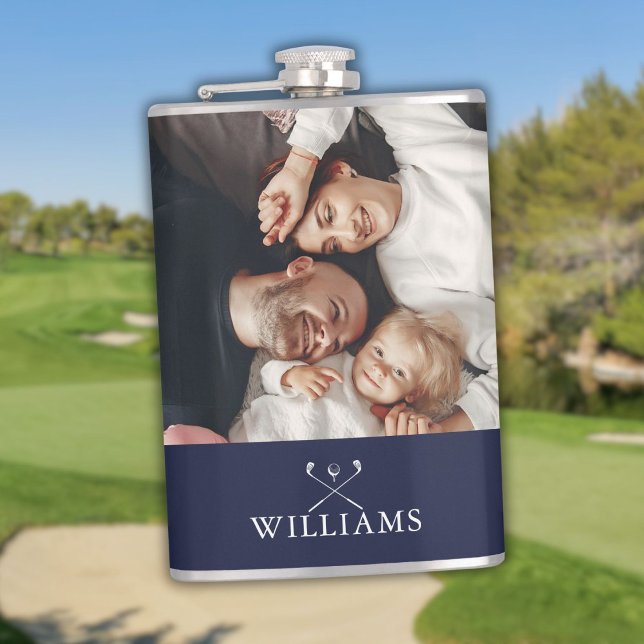 Personalised Photo And Name Golf Clubs Navy Blue Hip Flask (Personalized Photo And Name Golf Clubs Navy Blue Flask)